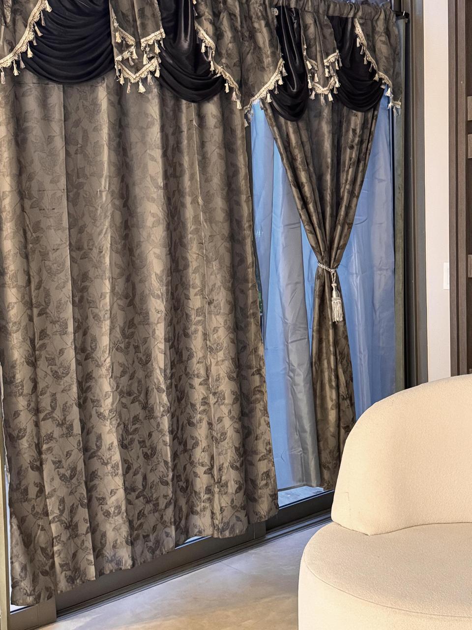 Juego de Cortinas de Lujo con Velo y Cenefa CVB0003 NEGRO GRIS CCLCR0001
