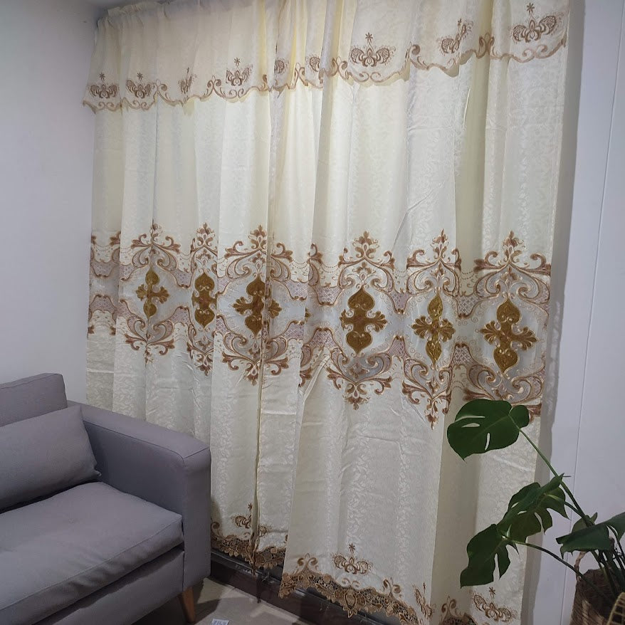 Juego de Cortinas Bordadas con Velo CVB0002 BEIGE BORDADO DORADO