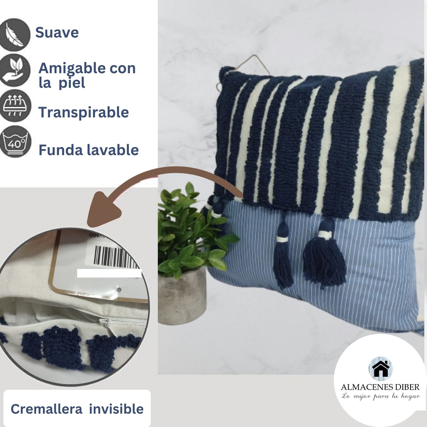 Forro de Cojín de Lona Líneas Borlas Azul