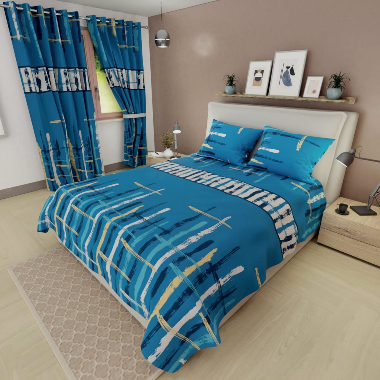 Combo de Sábanas cama doble con cortinas KITSC347