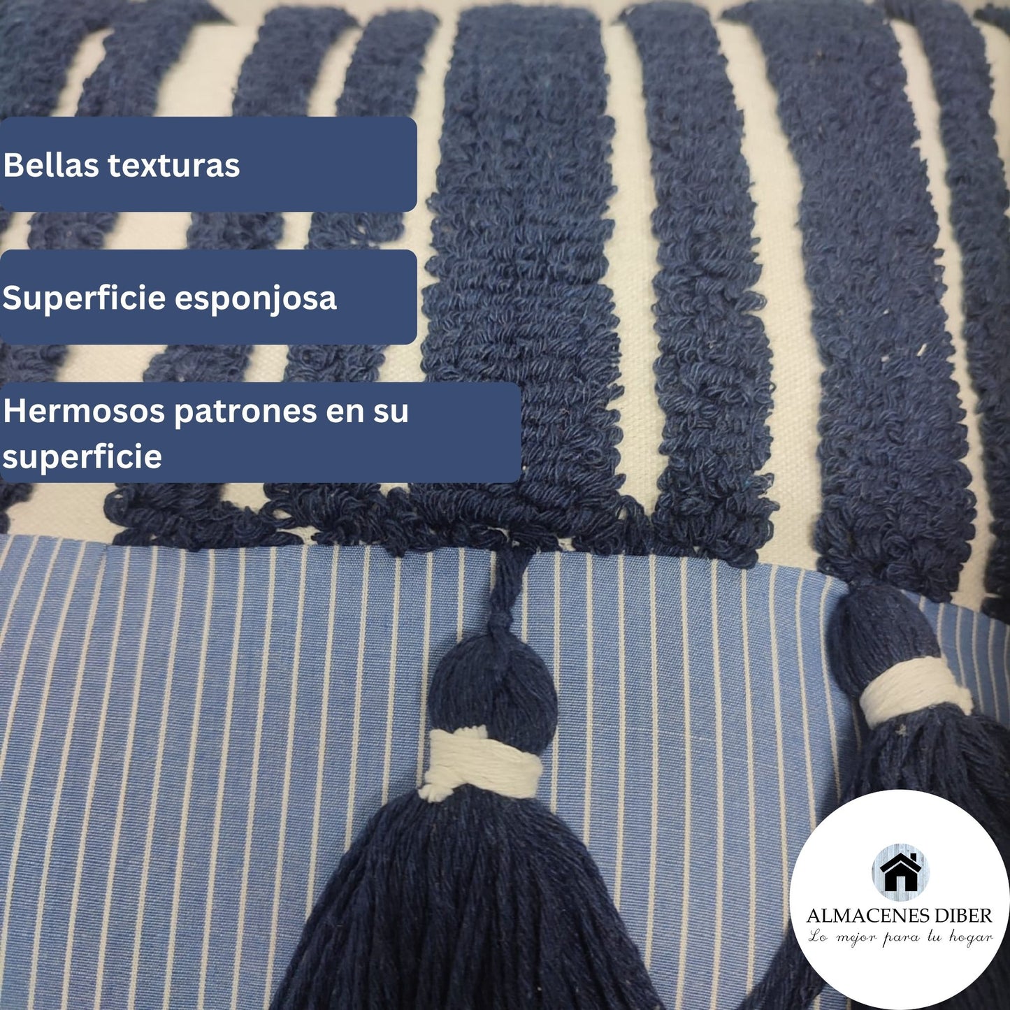 Forro de Cojín de Lona Líneas Borlas Azul
