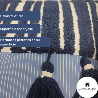 Forro de Cojín de Lona Líneas Borlas Azul
